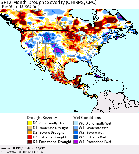 North America SPI 2-Month Drought Severity (CHIRPS) Thematic Map For 5/16/2023 - 7/15/2023