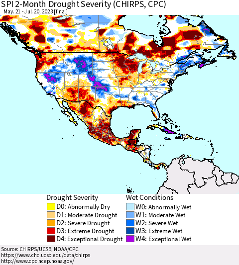 North America SPI 2-Month Drought Severity (CHIRPS) Thematic Map For 5/21/2023 - 7/20/2023