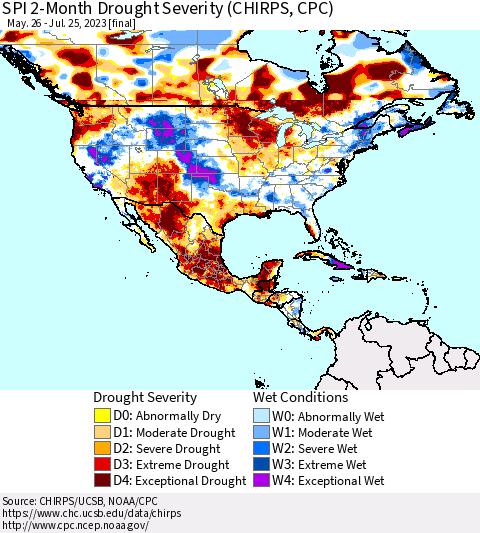 North America SPI 2-Month Drought Severity (CHIRPS) Thematic Map For 5/26/2023 - 7/25/2023