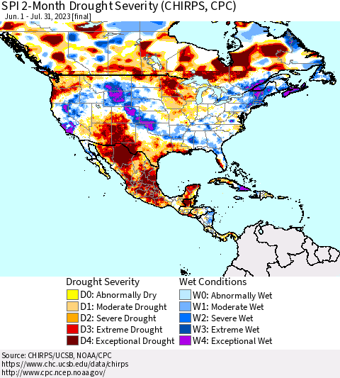 North America SPI 2-Month Drought Severity (CHIRPS) Thematic Map For 6/1/2023 - 7/31/2023