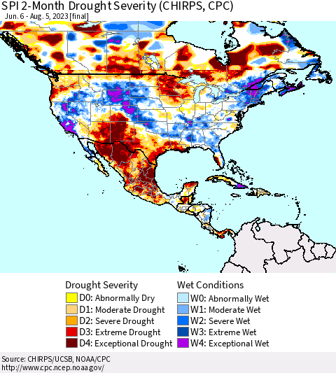 North America SPI 2-Month Drought Severity (CHIRPS) Thematic Map For 6/6/2023 - 8/5/2023