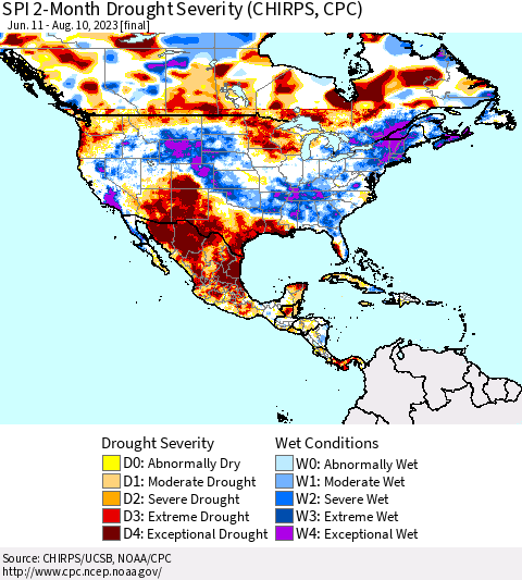 North America SPI 2-Month Drought Severity (CHIRPS) Thematic Map For 6/11/2023 - 8/10/2023