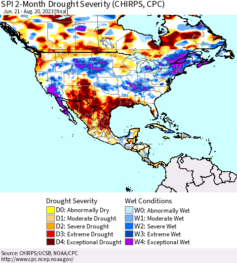 North America SPI 2-Month Drought Severity (CHIRPS) Thematic Map For 6/21/2023 - 8/20/2023