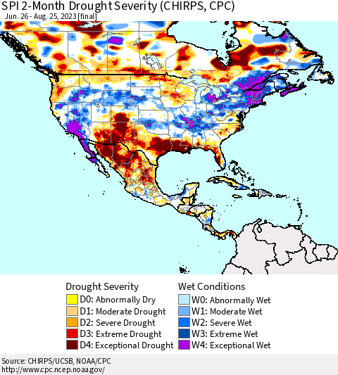 North America SPI 2-Month Drought Severity (CHIRPS) Thematic Map For 6/26/2023 - 8/25/2023