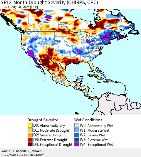 North America SPI 2-Month Drought Severity (CHIRPS) Thematic Map For 7/1/2023 - 8/31/2023