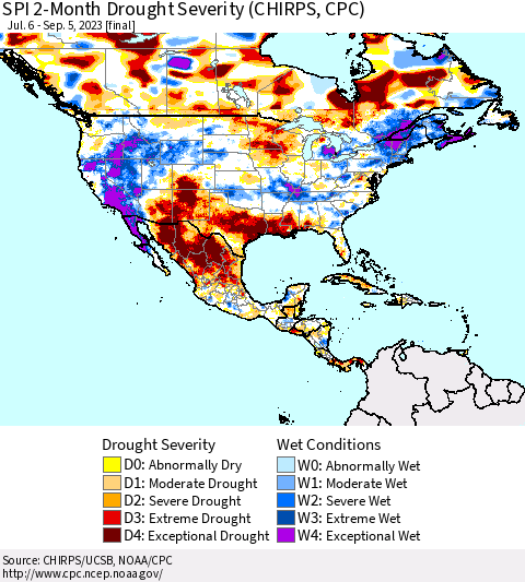 North America SPI 2-Month Drought Severity (CHIRPS) Thematic Map For 7/6/2023 - 9/5/2023