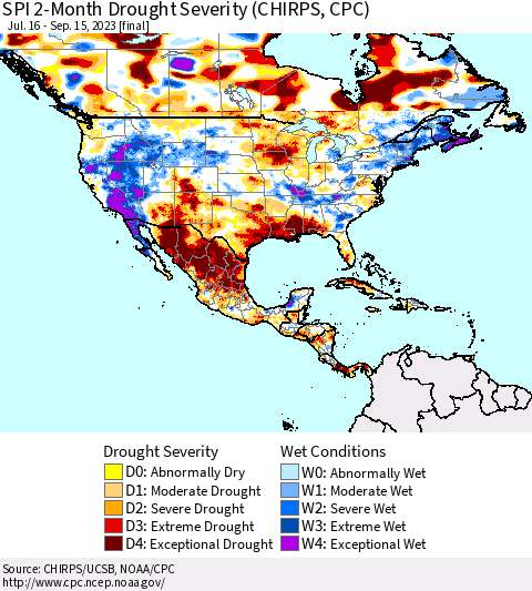 North America SPI 2-Month Drought Severity (CHIRPS) Thematic Map For 7/16/2023 - 9/15/2023