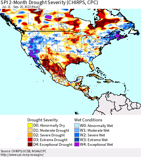 North America SPI 2-Month Drought Severity (CHIRPS) Thematic Map For 7/21/2023 - 9/20/2023