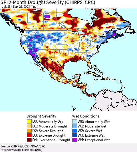 North America SPI 2-Month Drought Severity (CHIRPS) Thematic Map For 7/26/2023 - 9/25/2023