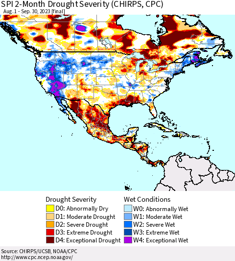 North America SPI 2-Month Drought Severity (CHIRPS) Thematic Map For 8/1/2023 - 9/30/2023