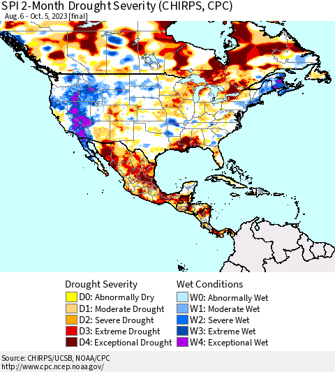 North America SPI 2-Month Drought Severity (CHIRPS) Thematic Map For 8/6/2023 - 10/5/2023