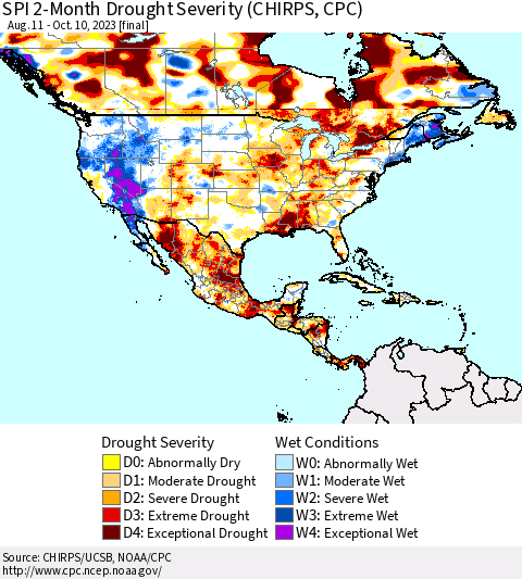 North America SPI 2-Month Drought Severity (CHIRPS) Thematic Map For 8/11/2023 - 10/10/2023