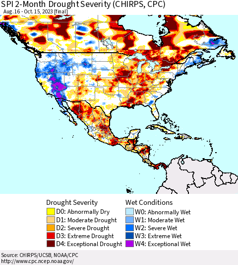 North America SPI 2-Month Drought Severity (CHIRPS) Thematic Map For 8/16/2023 - 10/15/2023