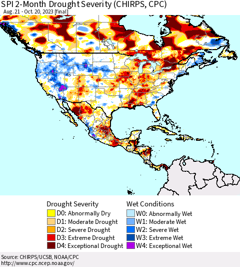 North America SPI 2-Month Drought Severity (CHIRPS) Thematic Map For 8/21/2023 - 10/20/2023