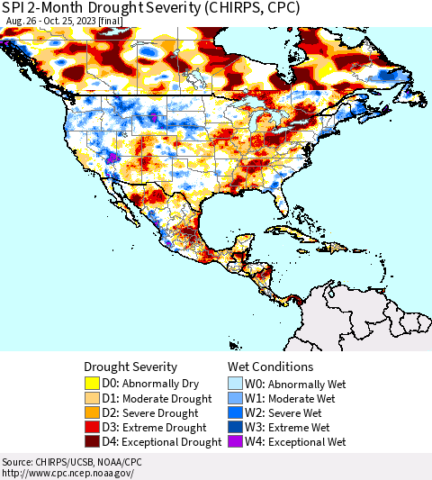 North America SPI 2-Month Drought Severity (CHIRPS) Thematic Map For 8/26/2023 - 10/25/2023