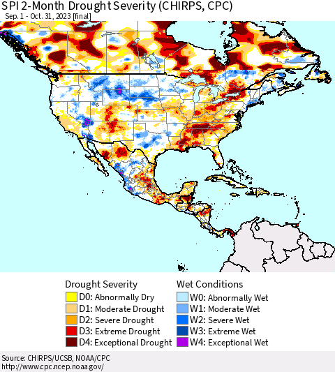 North America SPI 2-Month Drought Severity (CHIRPS) Thematic Map For 9/1/2023 - 10/31/2023