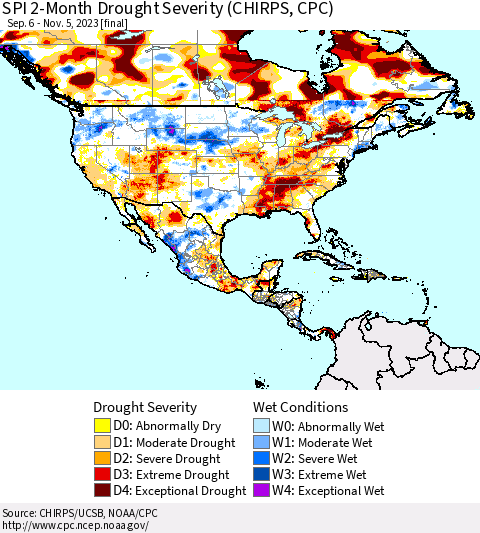 North America SPI 2-Month Drought Severity (CHIRPS) Thematic Map For 9/6/2023 - 11/5/2023
