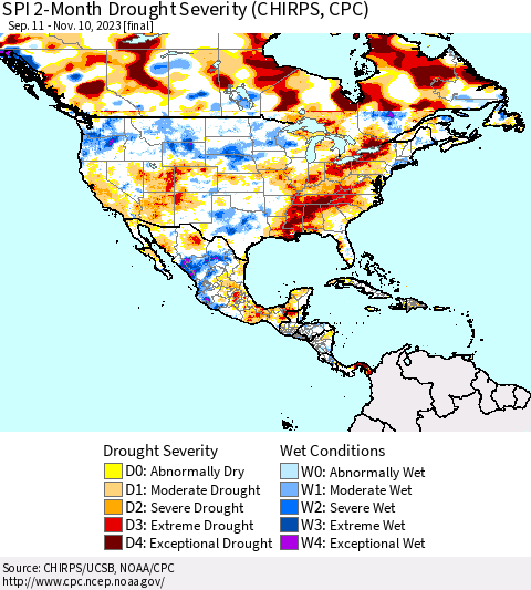 North America SPI 2-Month Drought Severity (CHIRPS) Thematic Map For 9/11/2023 - 11/10/2023