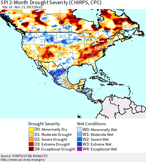 North America SPI 2-Month Drought Severity (CHIRPS) Thematic Map For 9/16/2023 - 11/15/2023