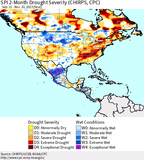 North America SPI 2-Month Drought Severity (CHIRPS) Thematic Map For 9/21/2023 - 11/20/2023