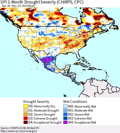 North America SPI 2-Month Drought Severity (CHIRPS) Thematic Map For 9/26/2023 - 11/25/2023