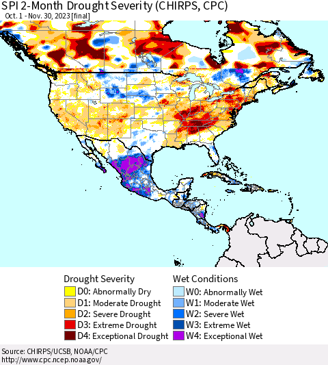 North America SPI 2-Month Drought Severity (CHIRPS) Thematic Map For 10/1/2023 - 11/30/2023
