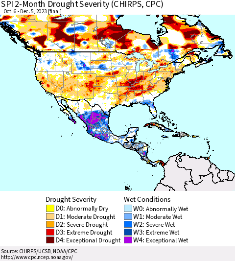 North America SPI 2-Month Drought Severity (CHIRPS) Thematic Map For 10/6/2023 - 12/5/2023