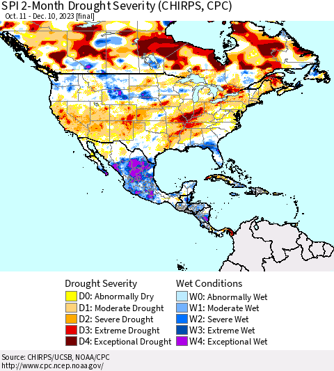 North America SPI 2-Month Drought Severity (CHIRPS) Thematic Map For 10/11/2023 - 12/10/2023