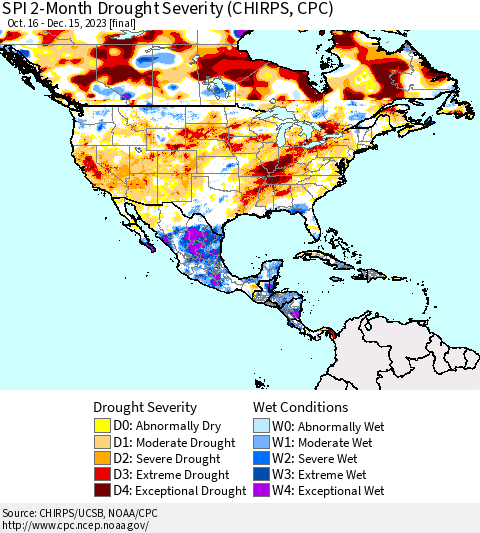North America SPI 2-Month Drought Severity (CHIRPS) Thematic Map For 10/16/2023 - 12/15/2023