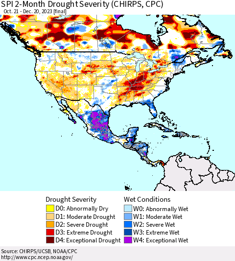 North America SPI 2-Month Drought Severity (CHIRPS) Thematic Map For 10/21/2023 - 12/20/2023