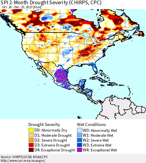 North America SPI 2-Month Drought Severity (CHIRPS) Thematic Map For 10/26/2023 - 12/25/2023