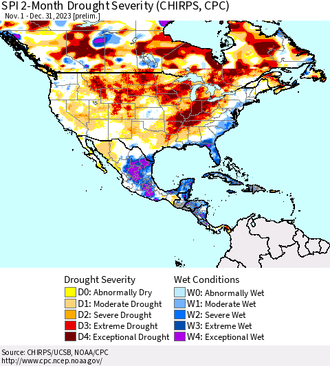 North America SPI 2-Month Drought Severity (CHIRPS) Thematic Map For 11/1/2023 - 12/31/2023