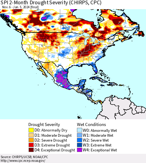North America SPI 2-Month Drought Severity (CHIRPS) Thematic Map For 11/6/2023 - 1/5/2024