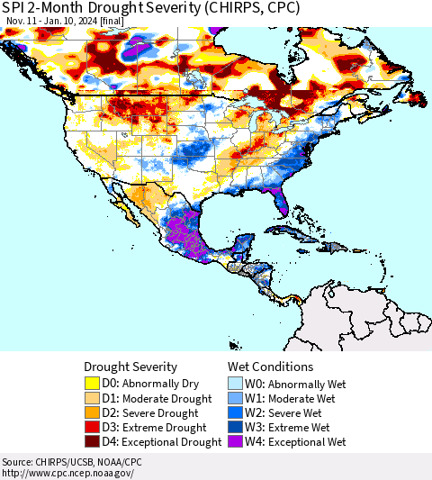 North America SPI 2-Month Drought Severity (CHIRPS) Thematic Map For 11/11/2023 - 1/10/2024