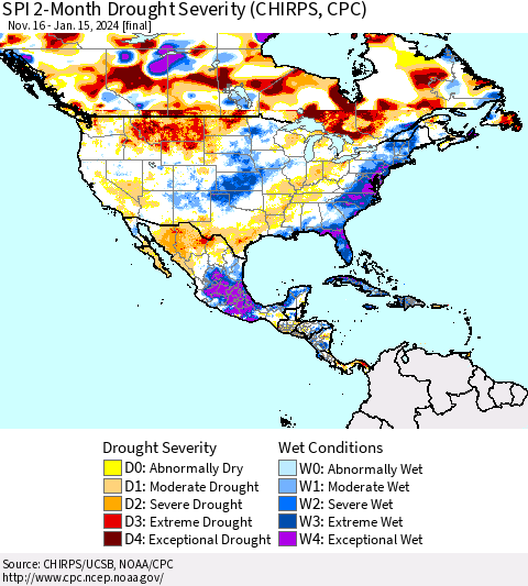 North America SPI 2-Month Drought Severity (CHIRPS) Thematic Map For 11/16/2023 - 1/15/2024