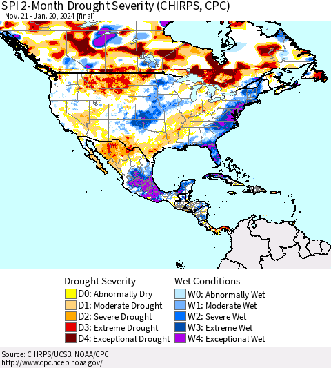 North America SPI 2-Month Drought Severity (CHIRPS) Thematic Map For 11/21/2023 - 1/20/2024