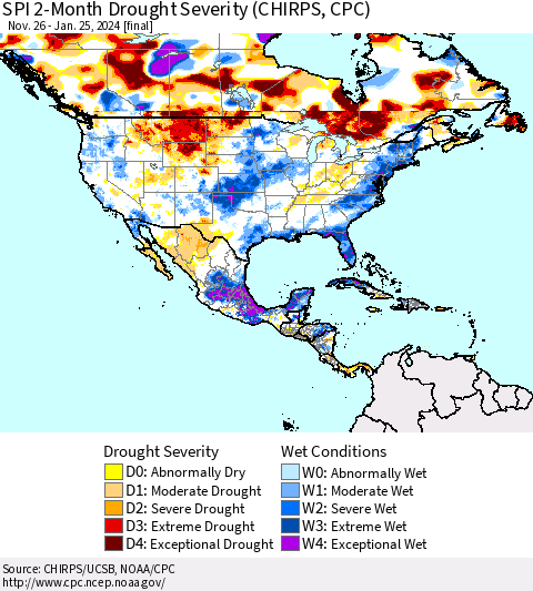 North America SPI 2-Month Drought Severity (CHIRPS) Thematic Map For 11/26/2023 - 1/25/2024