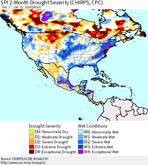 North America SPI 2-Month Drought Severity (CHIRPS) Thematic Map For 12/1/2023 - 1/31/2024