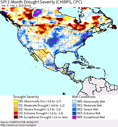 North America SPI 2-Month Drought Severity (CHIRPS) Thematic Map For 12/6/2023 - 2/5/2024