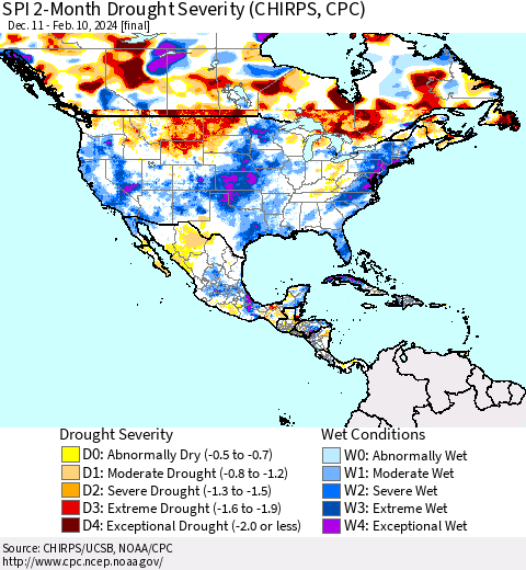 North America SPI 2-Month Drought Severity (CHIRPS) Thematic Map For 12/11/2023 - 2/10/2024