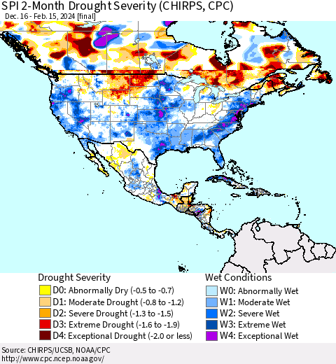 North America SPI 2-Month Drought Severity (CHIRPS) Thematic Map For 12/16/2023 - 2/15/2024