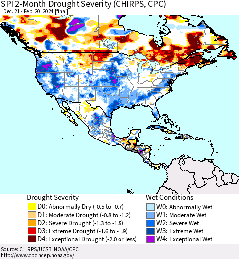 North America SPI 2-Month Drought Severity (CHIRPS) Thematic Map For 12/21/2023 - 2/20/2024