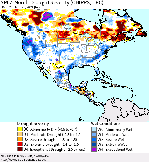 North America SPI 2-Month Drought Severity (CHIRPS) Thematic Map For 12/26/2023 - 2/25/2024