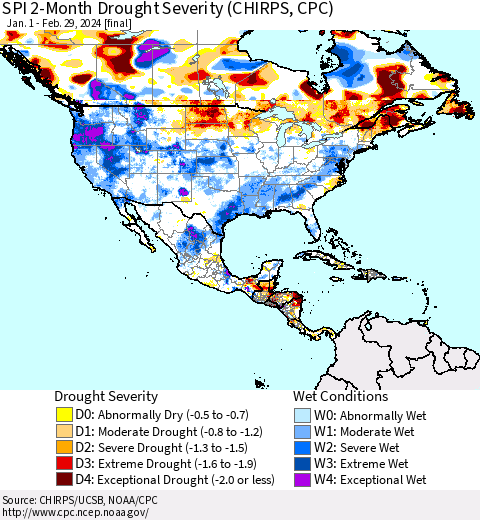 North America SPI 2-Month Drought Severity (CHIRPS) Thematic Map For 1/1/2024 - 2/29/2024