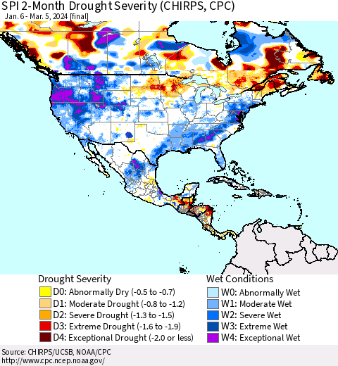 North America SPI 2-Month Drought Severity (CHIRPS) Thematic Map For 1/6/2024 - 3/5/2024