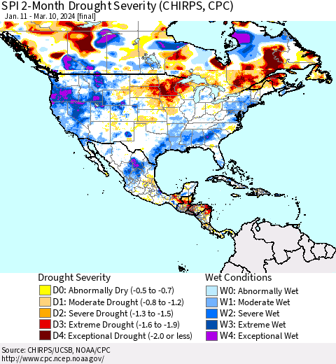 North America SPI 2-Month Drought Severity (CHIRPS) Thematic Map For 1/11/2024 - 3/10/2024