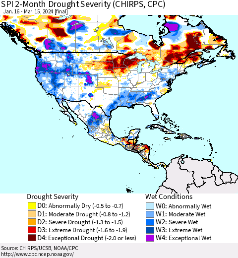North America SPI 2-Month Drought Severity (CHIRPS) Thematic Map For 1/16/2024 - 3/15/2024