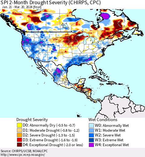 North America SPI 2-Month Drought Severity (CHIRPS) Thematic Map For 1/21/2024 - 3/20/2024