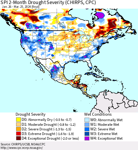 North America SPI 2-Month Drought Severity (CHIRPS) Thematic Map For 1/26/2024 - 3/25/2024
