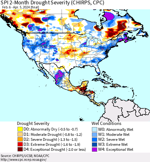 North America SPI 2-Month Drought Severity (CHIRPS) Thematic Map For 2/6/2024 - 4/5/2024